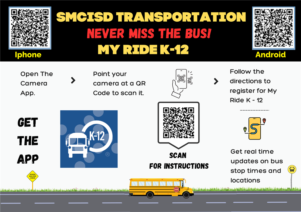 Never miss the bus. My Ride K-12. Get real time updates on bus stop times and locations. Scan the QR code to download.